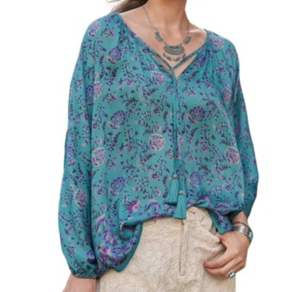 Sundance Arielle Flowy Teal Floral Silk Blend Blouse